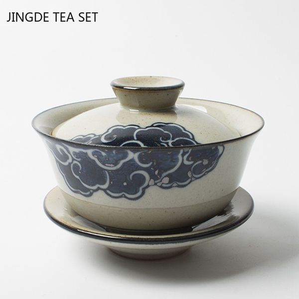 Handgefertigter Rohöl Töpfertee-Set traditioneller Keramik Gaiwan Teetasse Chinesische antike handbemalte blaue und weiße Teehersteller 140ml