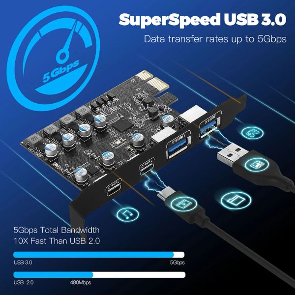 Karten PCIe -Erweiterungskartenadapter 2XUSB Ein Port+2xusb C Port/USB3.2 Gen1 PCI Express -Karte für Windows7/8/10/11/macOS/Linux PC -Laptop