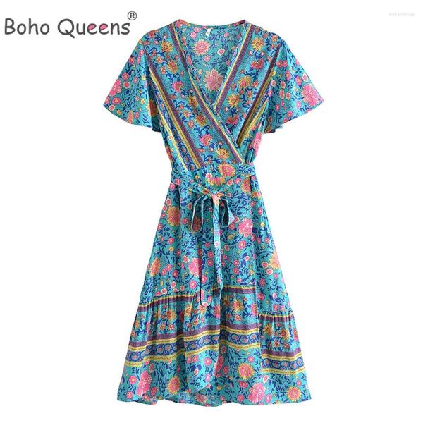 Sıradan Elbiseler Boho Queens Moda Kadın Hippi Çiçek Baskı V Yastık Sashes Bohem Mini Elbise Bayanlar Kısa Kollu Plaj Sarısı