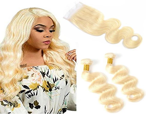 613 Blonde Body Wave 2 пучки с 4х4 кружевным закрытием Малайзийские девственные наращивания волос 830 -дюймовые пучки с закрытием детские волосы 6131270446