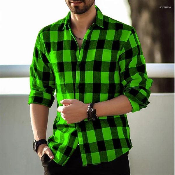 Camisas casuais masculinas 2024 Camisa xadrez verde Moda de manga comprida Rua solteira Logo Breathable 9 cores