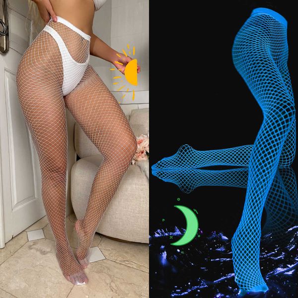 Neue und einzigartige sexy hohle Nachtglühfischereinetz Strumpfhose Strumpfhosen weibliche Fluoreszenz -Bar Party Mesh Socken 06v7