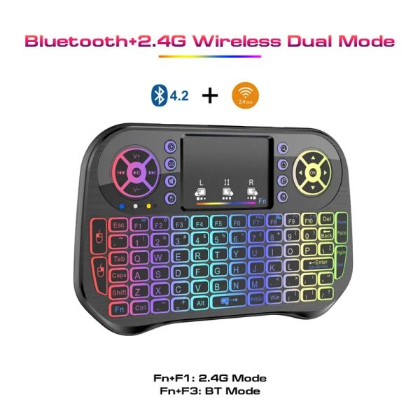 Teclados mini teclado Bluetooth 2.4g Modos duplos Fndingboard de mão 3Color Backlit Teclado Touchpad Controle remoto para Windows Android