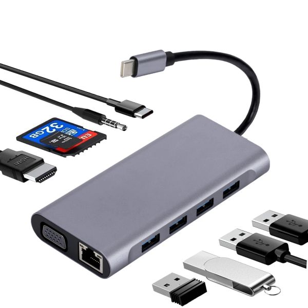 Hubs USB C -Hub -Adapter -Laptop 11 in 1 RJ45 -Stecker VGA -Kabel -Anzeigeanschluss für HDMI 4K LAN Ethernet HDTV PD TF CARD SD -KARTE AUX 3,5 mm