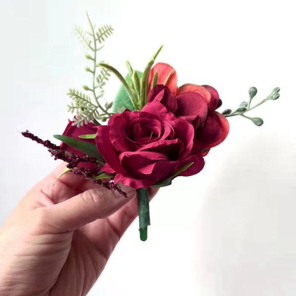 Weiße Boutonniere Hochzeit Corsage Blumen künstliches rotes Rosenarmband für Brautjungfer Männer Buttonloch Gäste Heiratszubehör