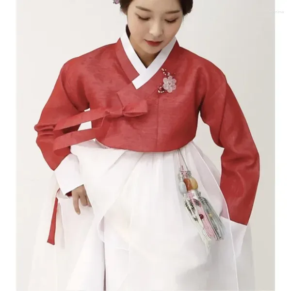 Roupas étnicas tradicionais vestido de noiva hanbok vermelho top