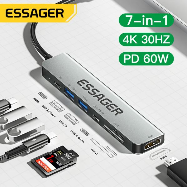 Stationen Essager 7 in 1 USB Typ C Hub PD60W schneller Lade -Splitter -Laptop HDMI High Speed Splitter 5Gbit / s für PC USB 3.2 Gen1 2.0 Ports