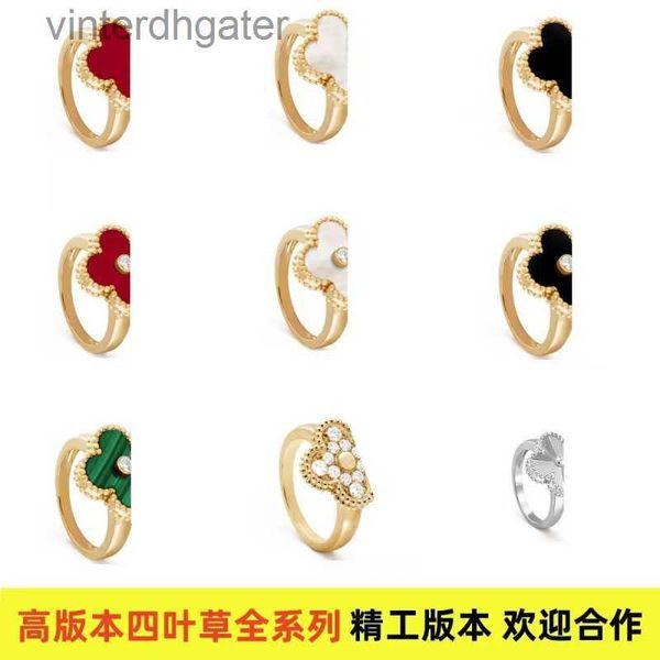 High -End -Vancefe Brand Designer Ringe für Frauen High Version V Golden Vier Blattring Ring Red Jade Volldiamantring Oberste Klasse Fein Designerschmuck