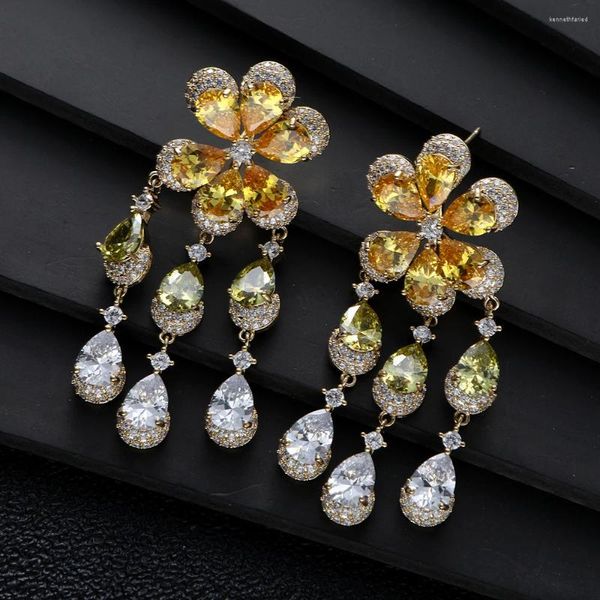 Brincos de luxo Drop Flower Drop Tassels Long for Women Wedding Cimcon Zircon Dubai Bridal A0142