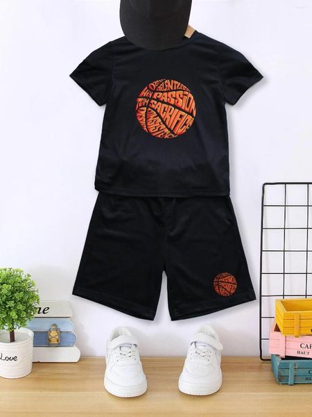 Home Clothing Boys 2-teiliger Pyjama-Set Cartoon Basketball Print Crew Neck Kurzarm T-Shirt Matching Shorts Comfy Loungewear