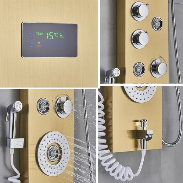 Goldene LED Blue Light Badezimmer Duschsystem mit Temperaturanzeige Multifunktionale Massage Duschsäule Wasserfall Niederschlag Niederschlag