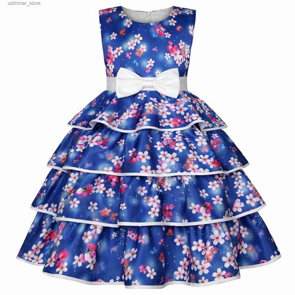 Mädchenkleider Neue Mädchen Blumen drucken geschwollene Kleider Kinder Süße Prinzessin Kleid Bow Designer Party Kleider Kleider Kleid 2-10 Jahre L47