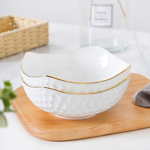 Bone China Water Cubo Sopa Sopa Bowl Creative Sobersert Bowl Homany Pintado à mão Rim Golden Ceramic Tableware Salad Fruit Bowl