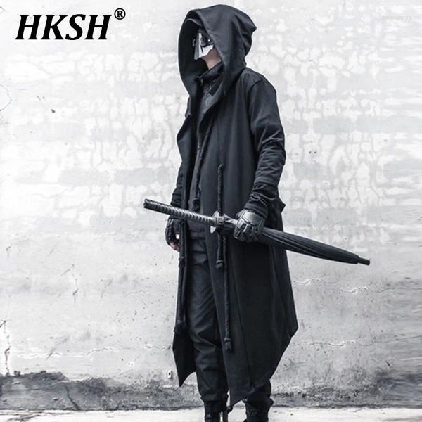 Trench de trincheira masculina Hksh maré primavera outono cota escuro guerreiro grande tamanho de vento gótico gótico casaco punk mago com capuz HK0195