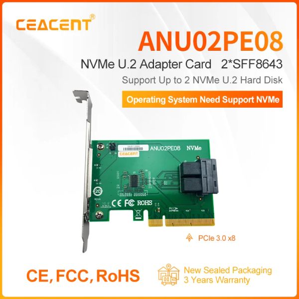 Cartões Ceant ANU02PE08 PCIE3.0 X8 NVME U.2 CARDE DE EXPANSÃO SSD Dual Porta Dual SFF8643 Suporte 2x NVME U.2 SSD Low Perfil Altura total