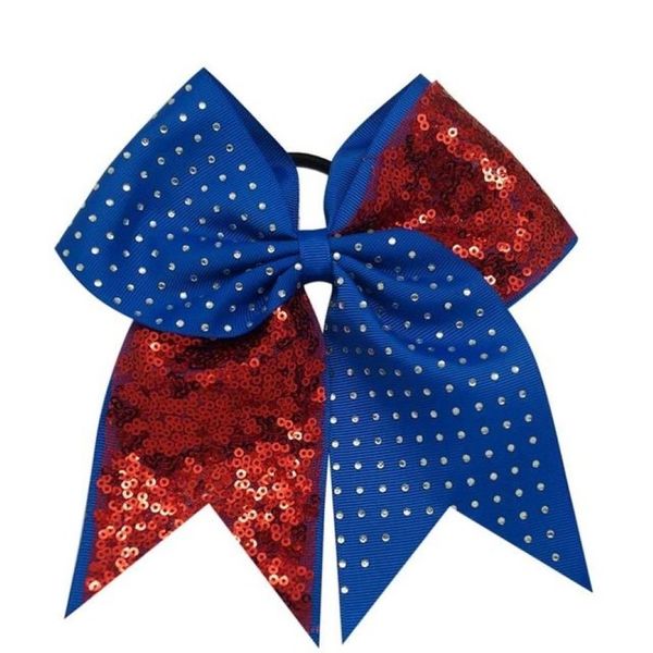 8pcs 7 '' paillettes solide Rhinestone Boutique Grosgrain Ribbon Cheer Bow con fasce di capelli elastici per Cheerleading Girl Hair195r