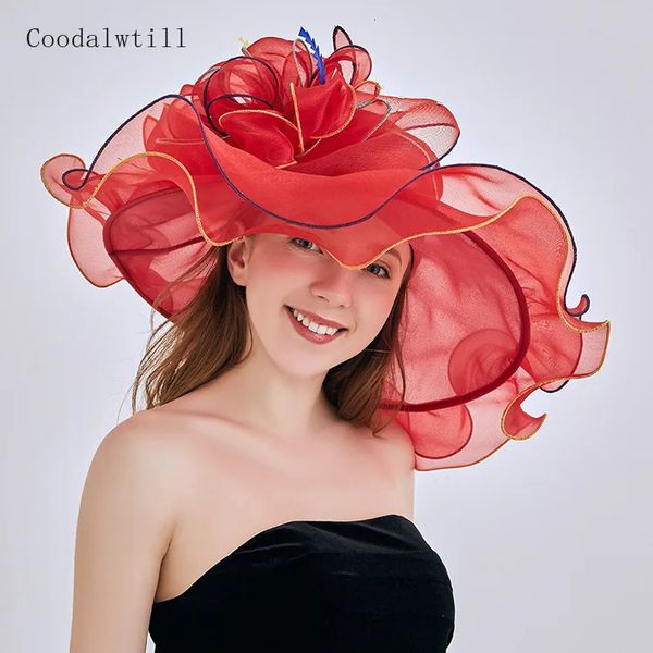 WOMENS Summer Wedding Formal Organza Organza larga cappello Brim Affastore della chiesa Tea Party Outdoor Beach Sun 240410