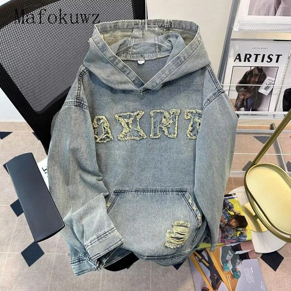 Erkek Hoodies American High Street Yırtık Denim Ceketler Retro Yıkanmış Hip Hop Nedensel Gevşek Kazak Sweatshirt Erkek Giysiler