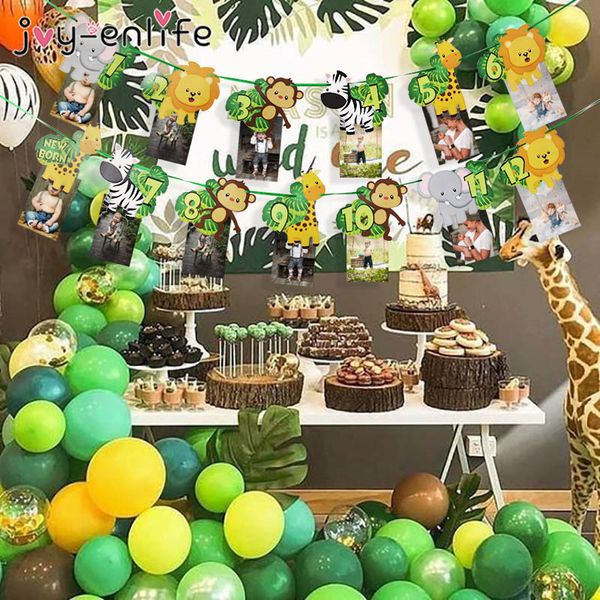 Jungle Animal Theme 1-12 meses Banner de moldura bebê Decorações de 1º aniversário, menino menina meu primeiro ano de festas de um ano