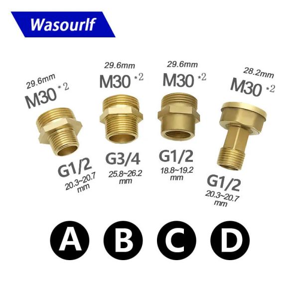 WASOURLF -Adapter M30 männlicher Fadenübertragung G1/2 3/4 Anschluss Dusche Badezimmer Küche Messing Material Wasserhahn Rohrzubehör