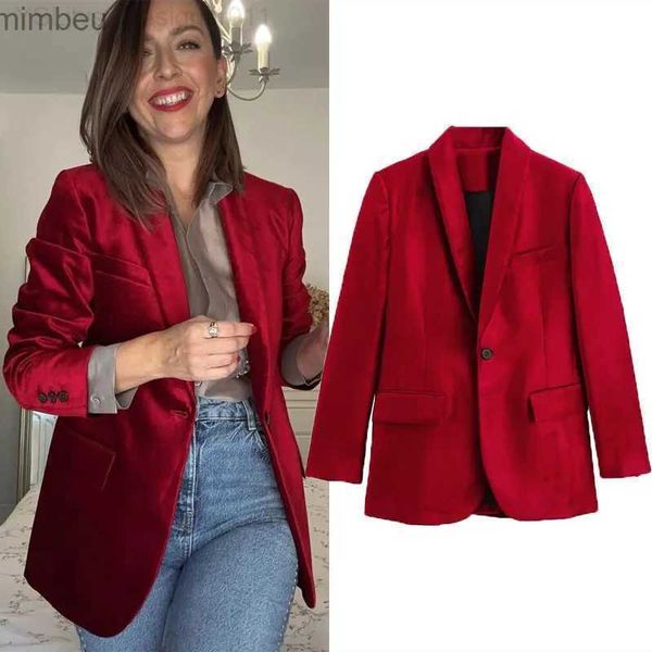 Damenanzüge Blazer Traf Red Fashion Blazer für Frauen Vintage Velvet Single Button Anpassung Blazer Damen Elegantes Büro lässig Langarmjacken C240410