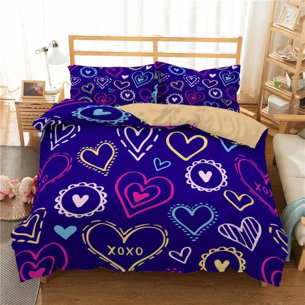 Aşk Kalp Yorgan Kapağı Kızlar İçin Seti Çocuklar Sevimli Aşk Kalpleri Yorgan Kapağı Geometrik Yatak Seti Romantik Polyester Yorgan Kapağı