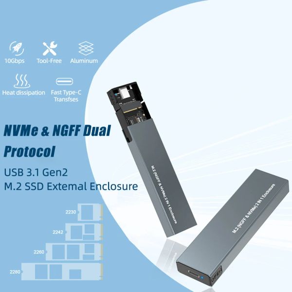 Корпус Двойной протокол M2 SSD NVME Корпус, M.2 до USB 3.1 Gen 2 SSD -адаптер для NVME NGFF SATA M+B КЛЮЧ 2230/2242/2260/2280 SSD