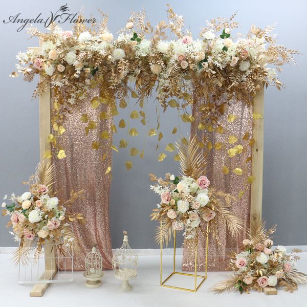 Plantas de folhas douradas personalizadas Arranjo de flores rosa Arranjo de casamento Casado Deco parede pendurada na mesa floral de bola floral vitrine