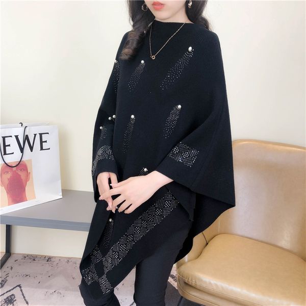 Wholesale all'uncinetto femminile maglione battito sciatto a scialle di perle ricamo per perle in maglia in cashmere Pullover Capes Wool Pashmina Poncho Maglie