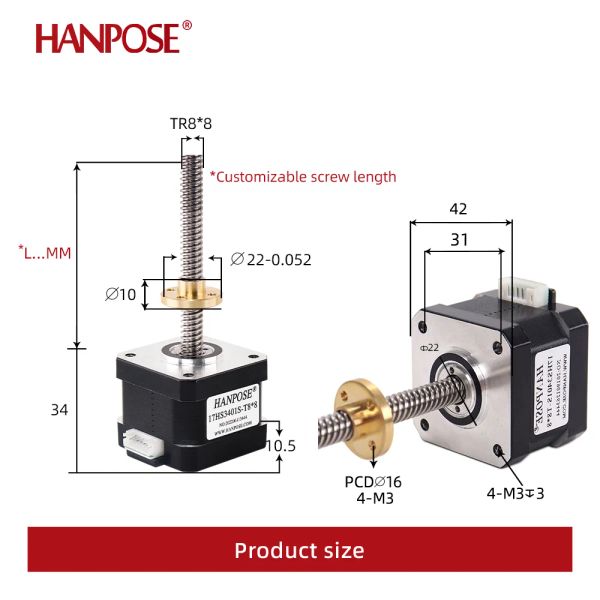 Stepper Motor NEMA17 17HS3401S-T8 310mm Vidalı Çubuk Çeşitli Enstrüman Aksesuarları için Yamuk Kurşun Serekli Doğrusal Z-Motor