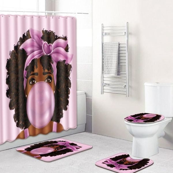 4pcs Conjunto Banheiro de banheiro Banheiro Bainada Africana Mulher Banho Tapa e Curta de chuveiro Conjunto de cortina de PVC Capas de assento no vaso sanitário T200102240P
