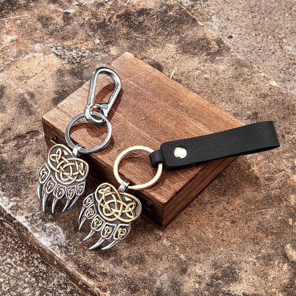 Mitologia norrena Bear Claw Keychain Gold Color Vikings Celtic Knot Wolf Paw Men Penderant Men Antique Steel Auto-lezione Gioielli amuleti