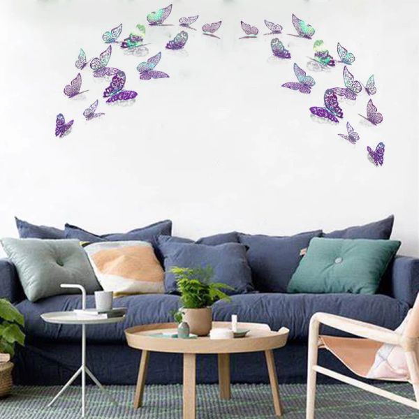 12pcs 3d Borboletas adesivas de parede de parede de borboleta azul roxa para salas de estar em casa geladeira decoração de arte diy mural decoração