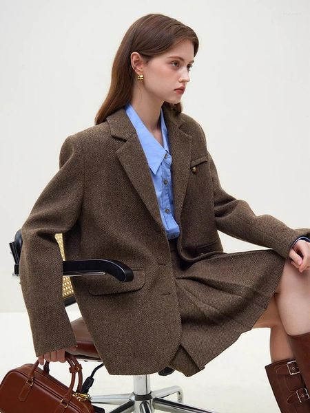 Arbeitskleider Fsle Retro Klassische Style Wollanzug Jacke für Frauen 2024 Nischendesign Winterpendler braune Wolle weiblich