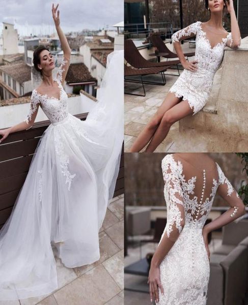 Vestido branco Little Nora Naviano Mermaid Beach Vestido de noiva com trem destacável 2019 Lace Tulle Sheer Jewel Neck Bridal Gowns6432013