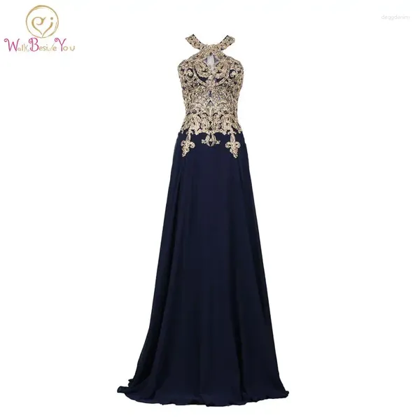 Abiti per feste di gioco per la festa del vero blu navy serale chiffon in pizzo applique cristallo lungo abiti da ballo vintage di celebrità formali