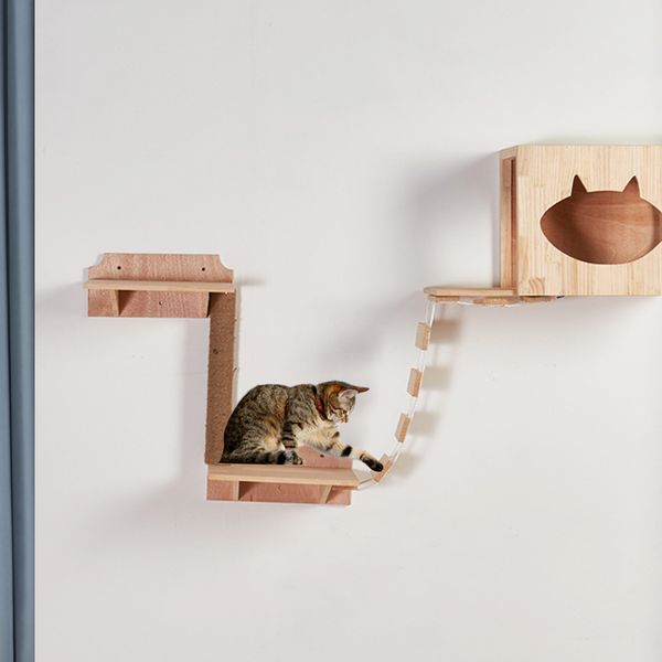 Cat Bridge Kletterrahmen Holz Haustier Katze Baum Haus Bett Hängematte Kratzer nach Katzenmöbeln Katzen Spielzeugspielhaus Wandmontage