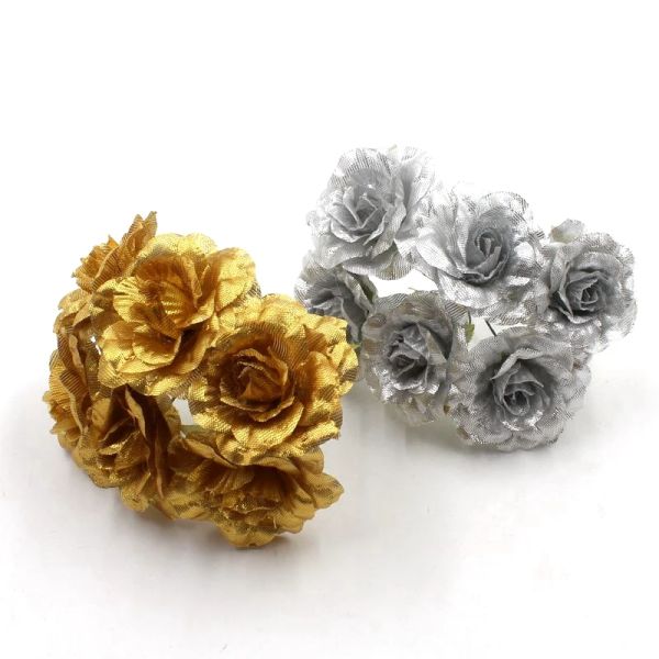 Großhandel 5 cm Kopf Gold Silber Rose Bouquet Seidenkünstige Pfingstrose Blume für Weihnachten Home Hochzeit Dekore DIY WREATH GROAND