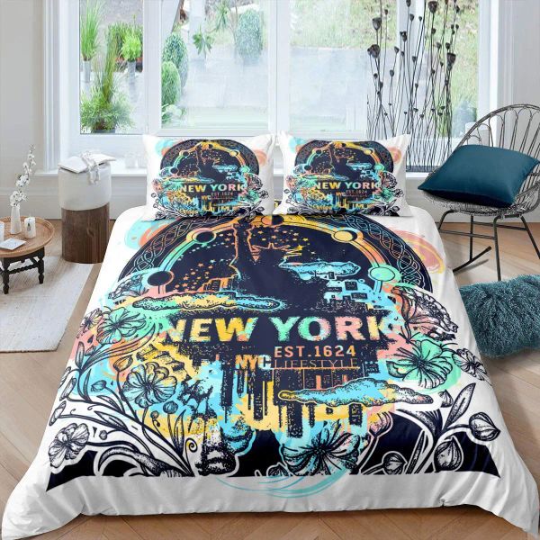 Statue of Liberty Duvet Cover Hip Hop Full Size Friedenszeichen Liebe Herzbettwäsche Set Amerikanische Augen Bunte Polyester Quilt Cover