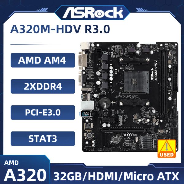 Материнские платы A320 Материнская плата Asrock A320MHDV R3.0 Socket AM4 DDR4 32GB M.2 PCIE 3.0 Поддержка R3 R5 R7 R9 AMD ЦПС USB3.1 VGA Micro ATX