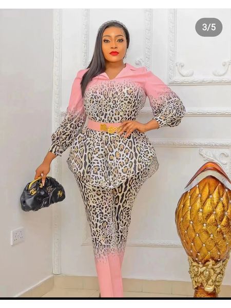 Afrika Chiffion Fashion Leopard Print Top und Hosen 2 Stück Dashiki Womens Set 240319