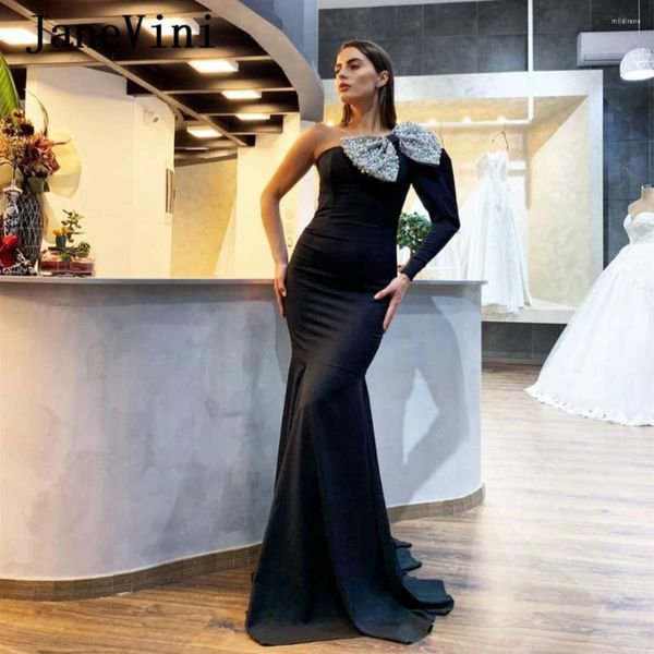 Partykleider Janevini sexy schwarze Dubai eine Schulter Langarm Ladies Damen Prom Perlen Bow Meerjungfrau Satin Sweep -Zug Gala Kleid Plus Größe