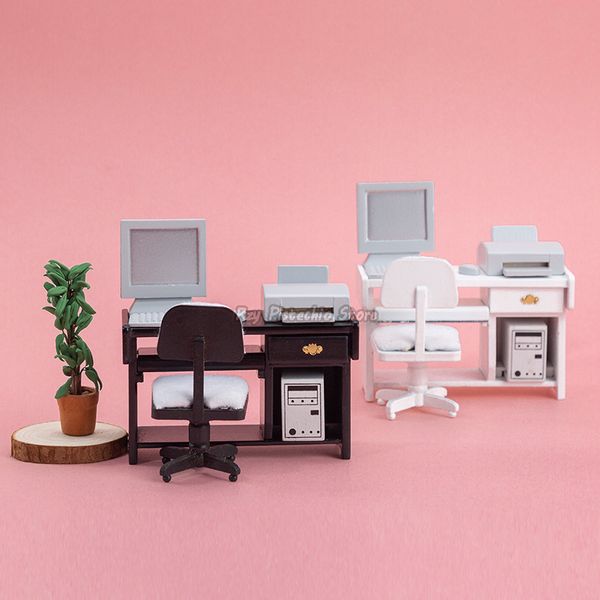 1/12 Mini Toys Doll House Miniature scrivania in legno e sedia tastiera per tastiera per la stampante per la stampante mobili mobili kit modello mobili kit modello