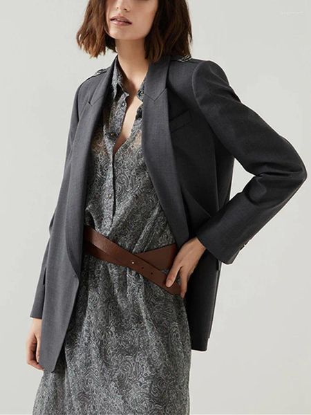 Kadın Suits Kadınlar Koyu Gri Yün Karışımı Takım Modadan Düğme Moda Moda Parlak Tokalı Ofis Leydi Blazer 2024 Bahar
