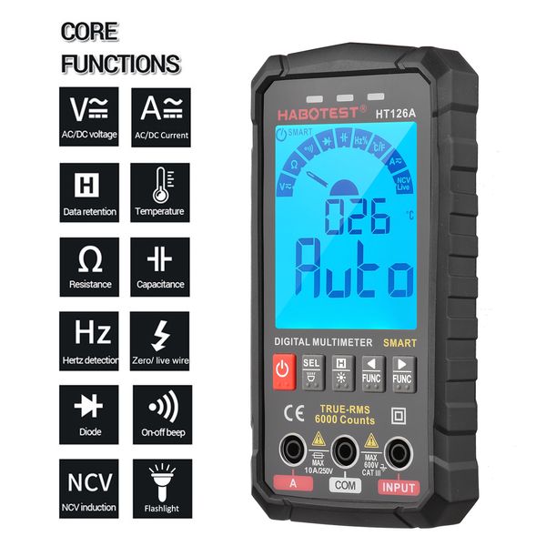 HABOTEST HT126B Smart Digital Multimeter 6000 zählt True RMS Auto-Bereitschafts-VA-Farbbildschirm Elektrische Tester Voltmeter Amperemeter