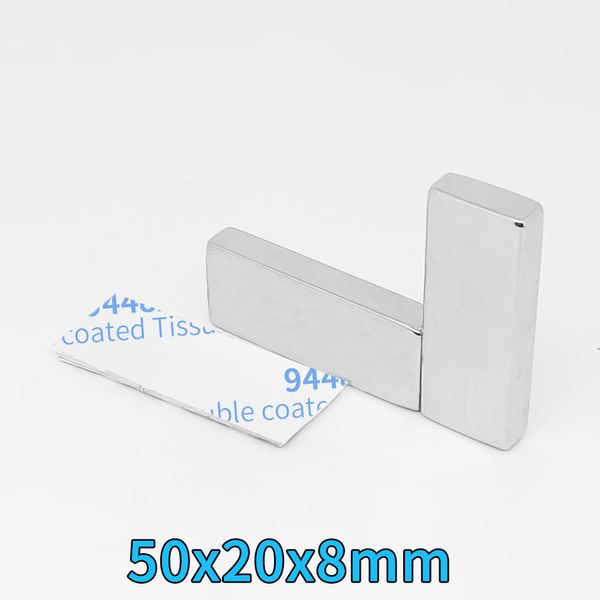 1/2/5pcs 50x20x8mm blok Süper güçlü güçlü güçlü manyetik mıknatıslar 3M bantlı 50*20*8 kuadrate büyük kalıcı Ndfeb Magnet 50x20x8