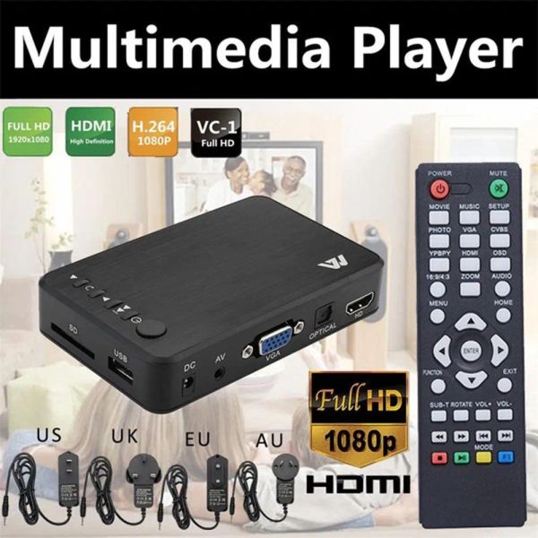 Player Media AutoPlay HDMicompatible USB Externo HDD Player Media Player Vídeo Av Mkv Avi RM TV Box Full VGA AV Saída com VGA SD