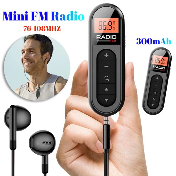 Rádio Mini Pocket FM Radio com luz de fundo LCD Display Wired Pophones de 3,5 mm 76108MHz Rádio Lavalier recarregável para conhecer esportes