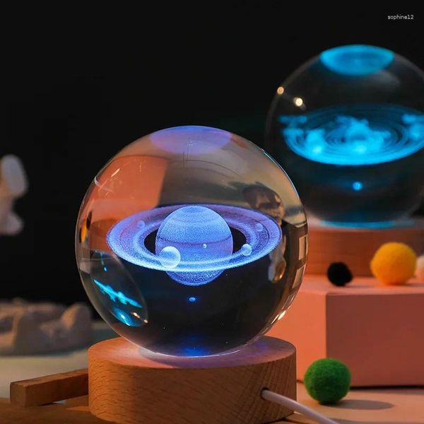 Estatuetas decorativas 6cm 3d Crystal Ball Planet Night Night Light Laser Sistema Solar Gravado Globo Astronomia Birthday Gift Space Desktop Home