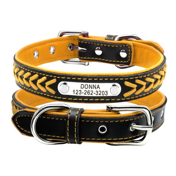 Colarinho de colarinho de cão de couro personalizado colares para cães com cães pequenos de cão grande, gravado em tags de identificação de animais de estimação de colarinho